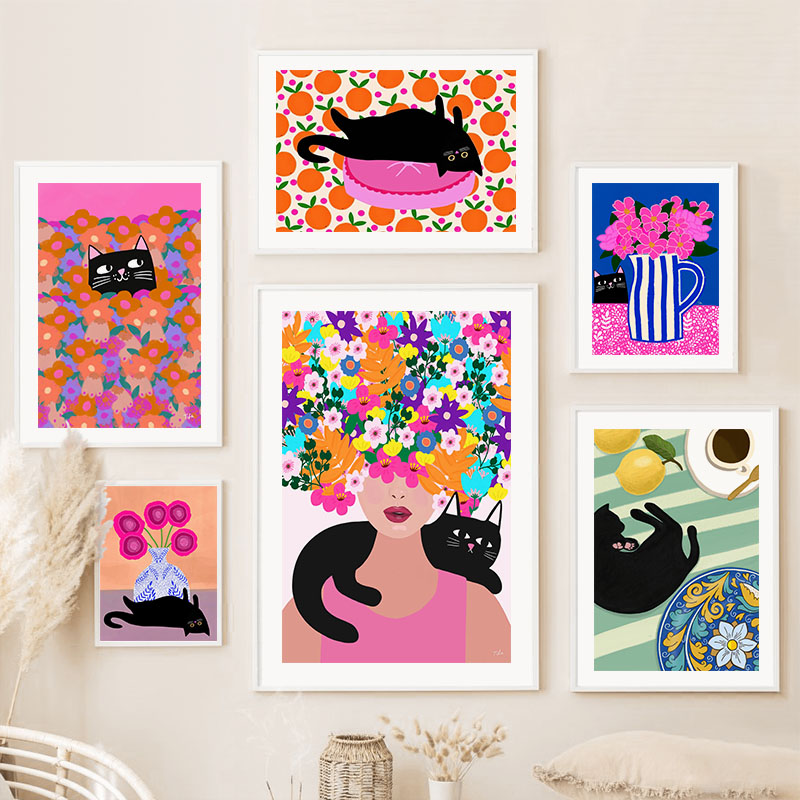 Home Cinema Wall Art - Boho Abstract Girl Vase Flower Black