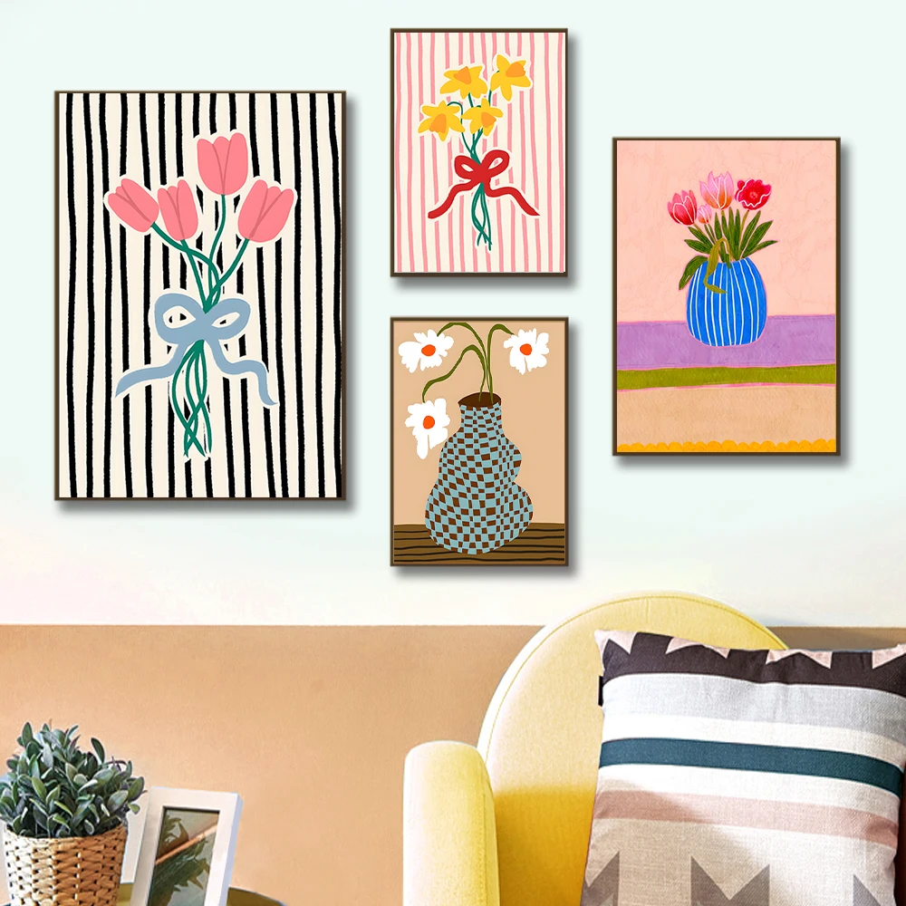 Home Cinema Wall Art - Vintage Botanical Poster Stripes Flower Vase