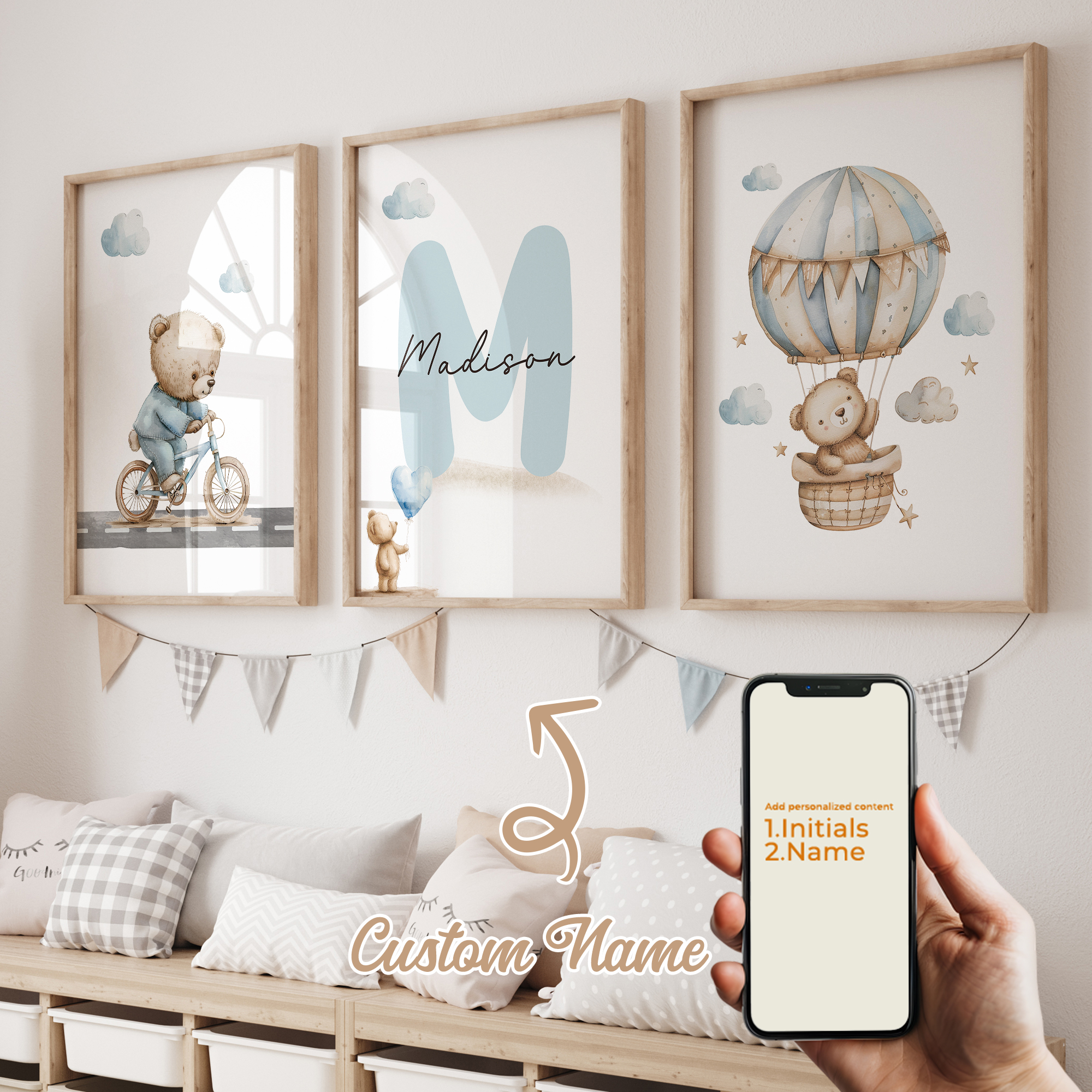 Home Cinema Wall Art - 3pcs Personalized Name Blue Bear Wall