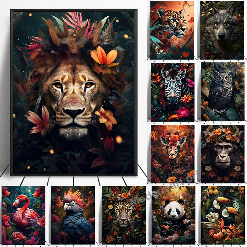 Home Cinema Wall Art - Lion Flamingo Panda Monkey in Flower